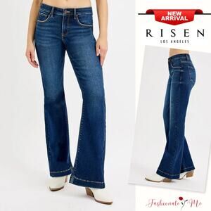 RISEN Tummy Control Mid Rise Waist Zip Fly Stretch Dark Washed Flare Denim Jeans